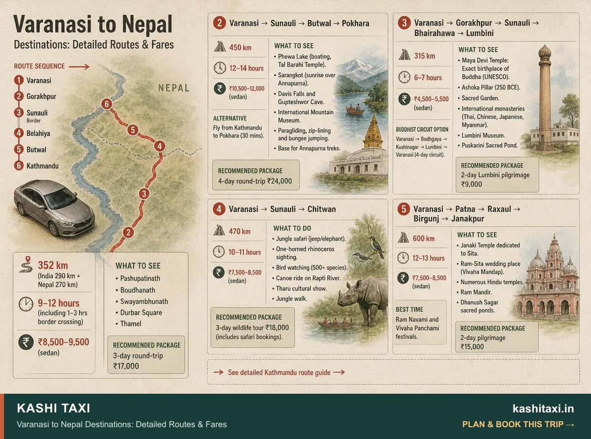 Varanasi to Nepal Destinations: Detailed Routes & Fares — visual field guide by Kashi Taxi