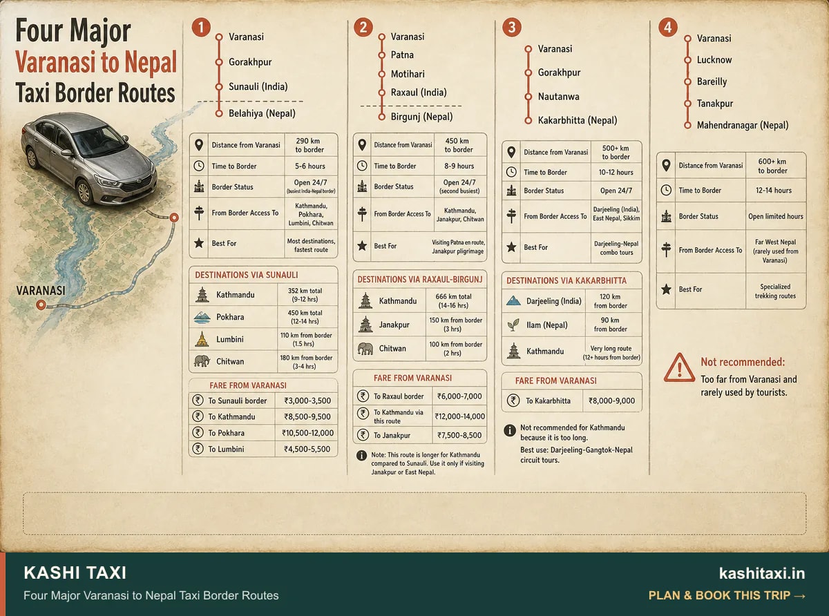 Four Major Varanasi to Nepal Taxi Border Routes — visual field guide by Kashi Taxi