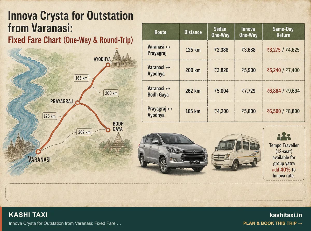 Innova Crysta for Outstation from Varanasi: Fixed Fare Chart (One-Way & Round-Trip) — visual field guide by Kashi Taxi