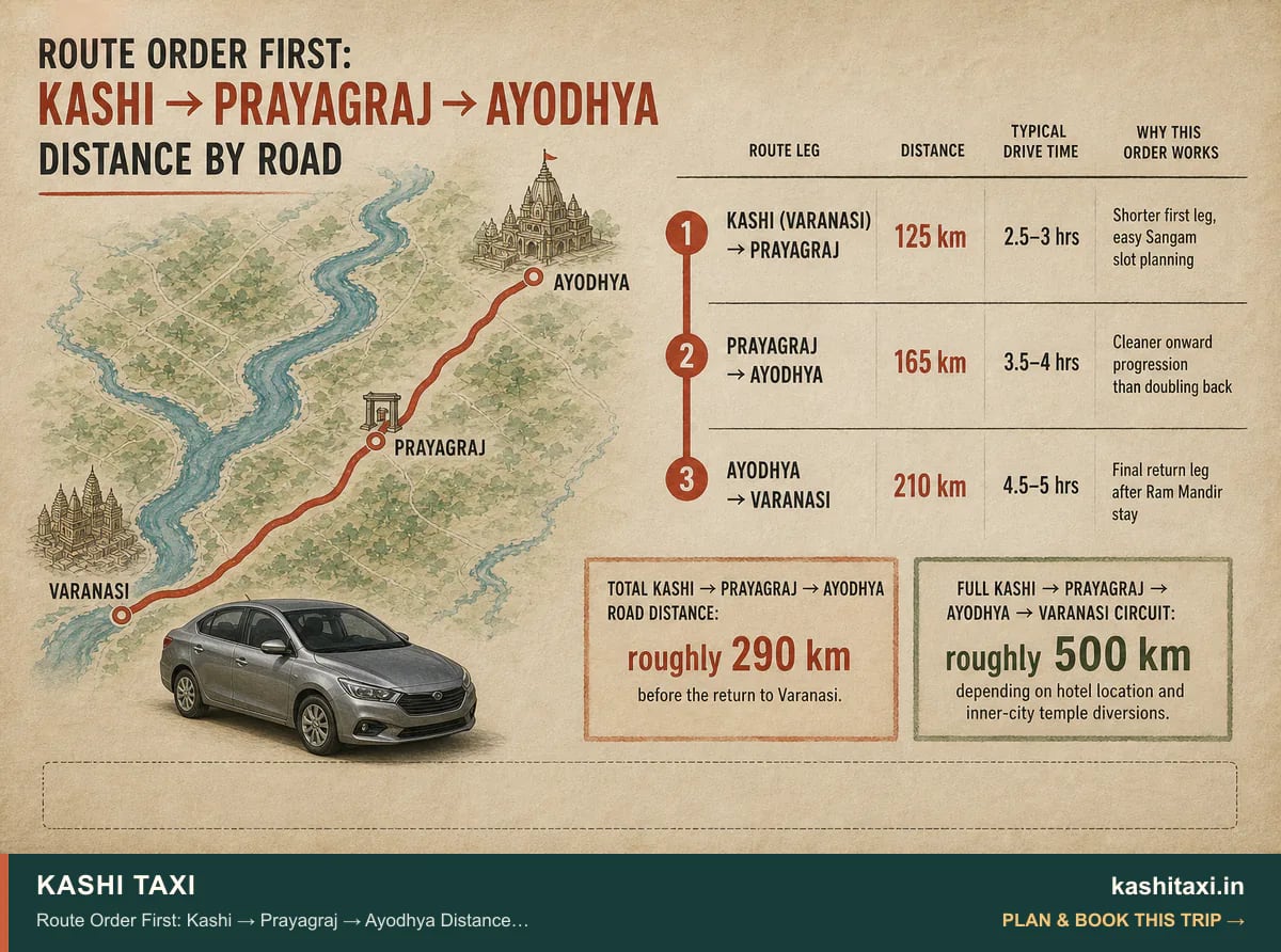 Route Order First: Kashi → Prayagraj → Ayodhya Distance by Road — visual field guide by Kashi Taxi