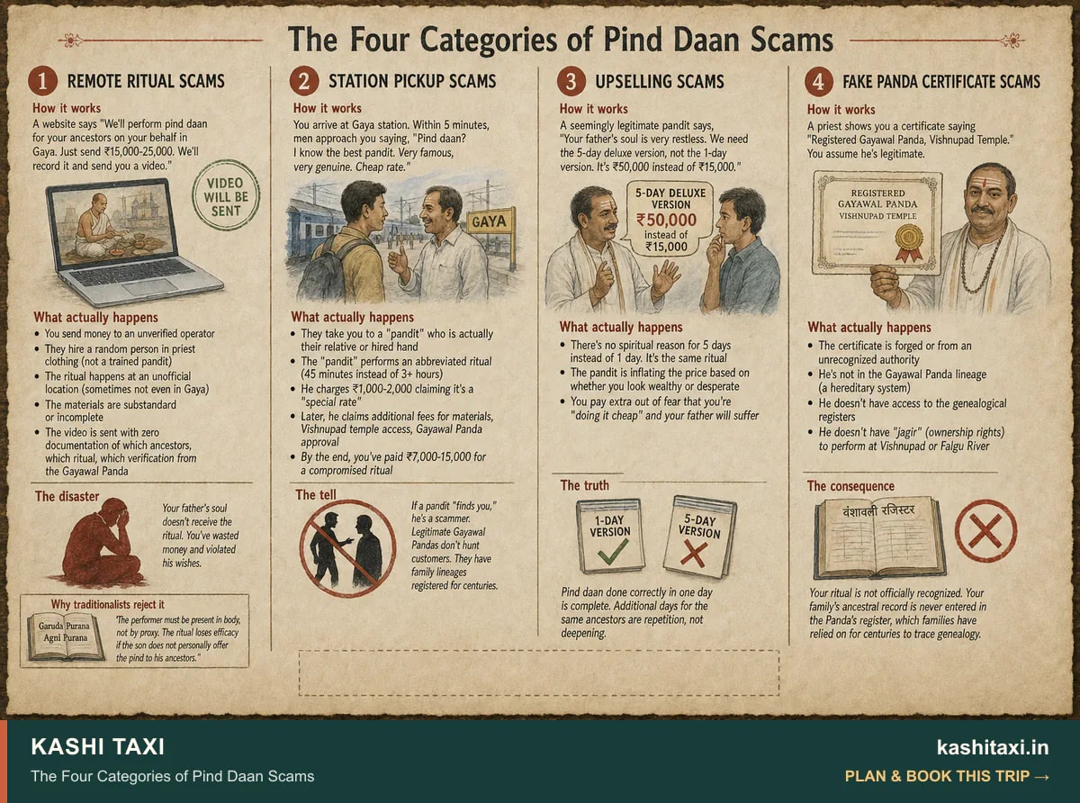 The Four Categories of Pind Daan Scams — visual field guide by Kashi Taxi