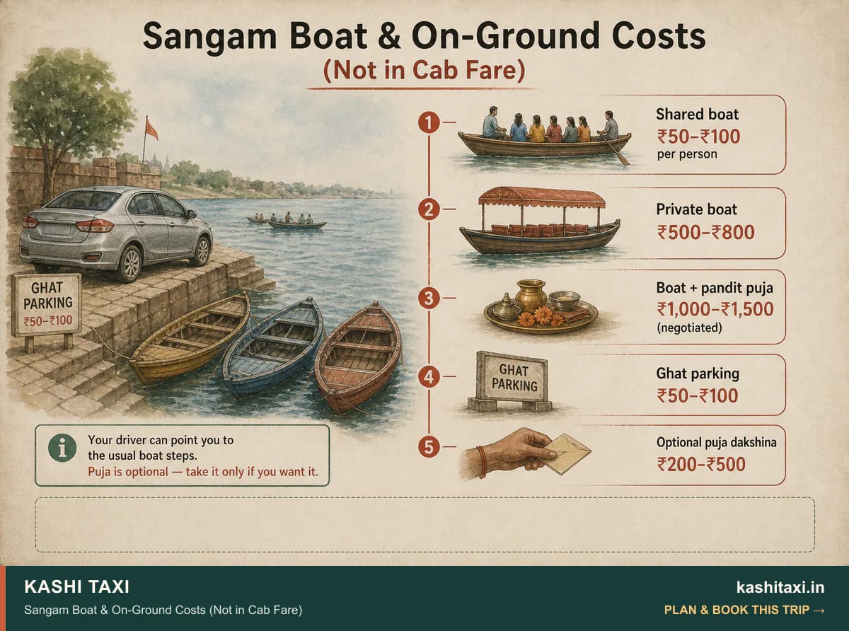 Sangam Boat & On-Ground Costs (Not in Cab Fare) — visual field guide by Kashi Taxi