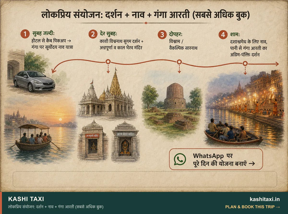 लोकप्रिय संयोजन: दर्शन + नाव + गंगा आरती (सबसे अधिक बुक) — visual field guide by Kashi Taxi