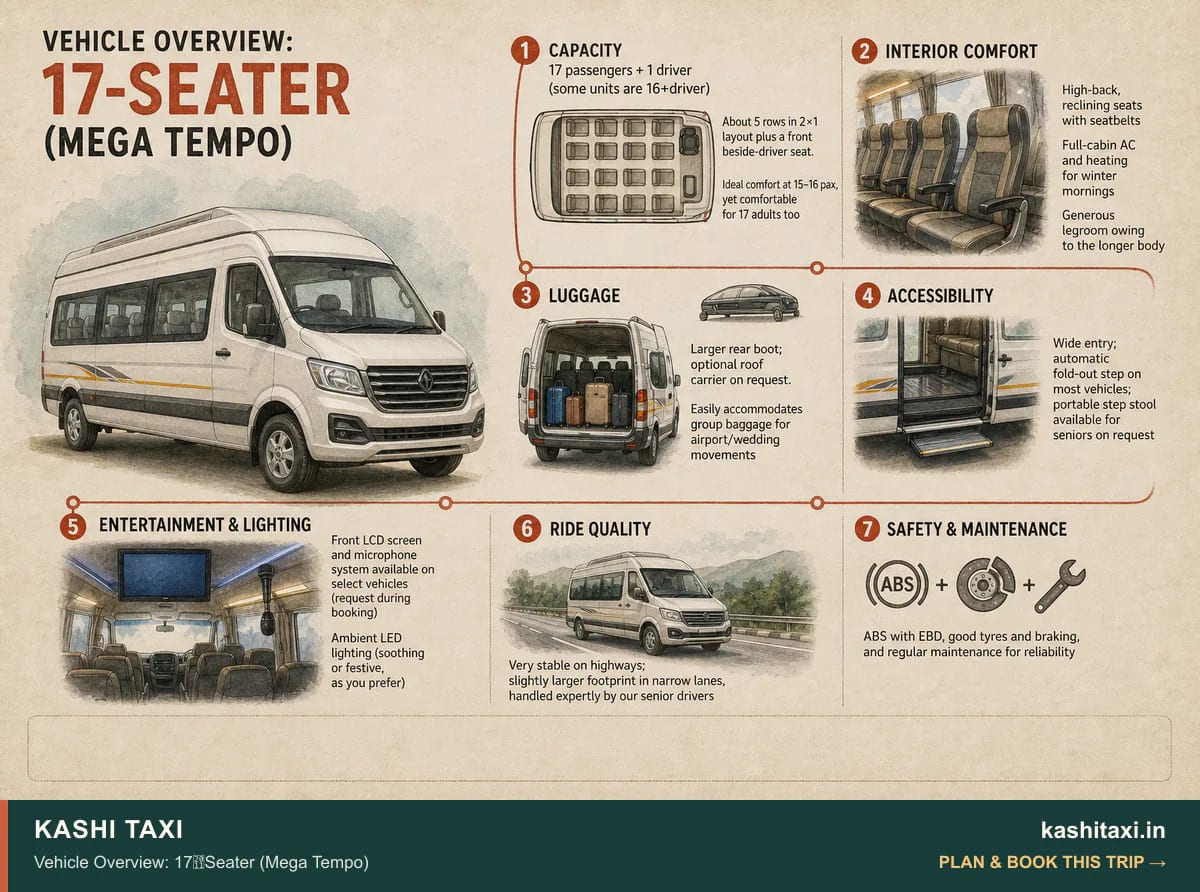 Vehicle Overview: 17‑Seater (Mega Tempo) — visual field guide by Kashi Taxi