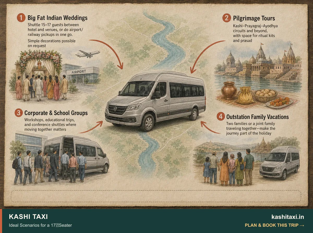 Ideal Scenarios for a 17‑Seater — visual field guide by Kashi Taxi
