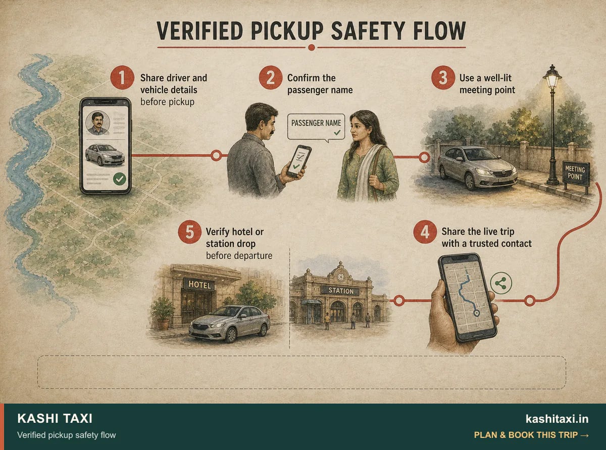 Verified pickup safety flow — visual field guide by Kashi Taxi