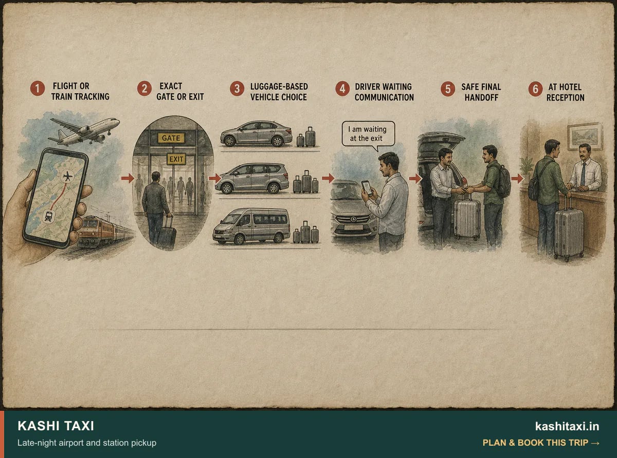 Late-night airport and station pickup — visual field guide by Kashi Taxi