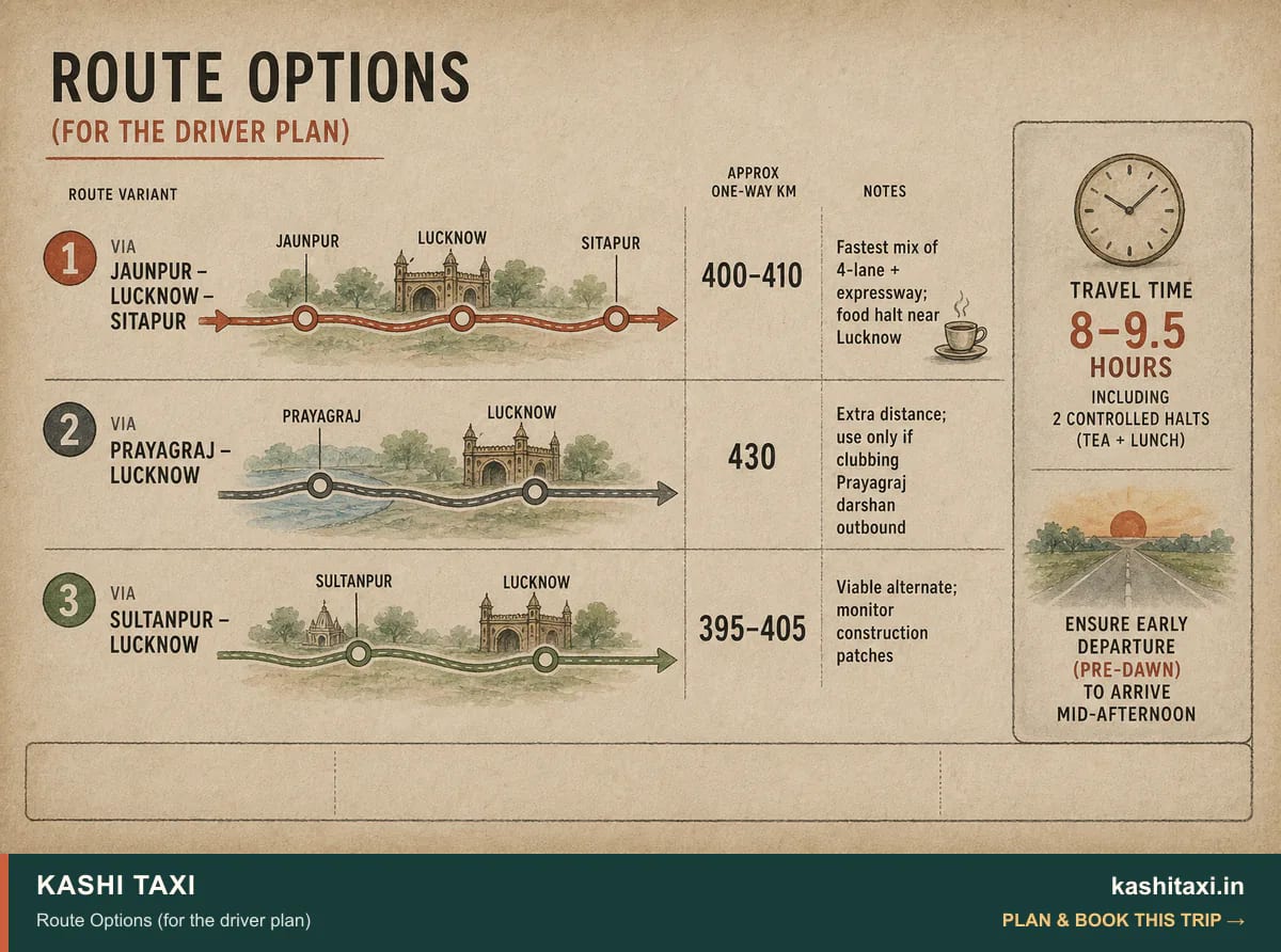 Route Options (for the driver plan) — visual field guide by Kashi Taxi