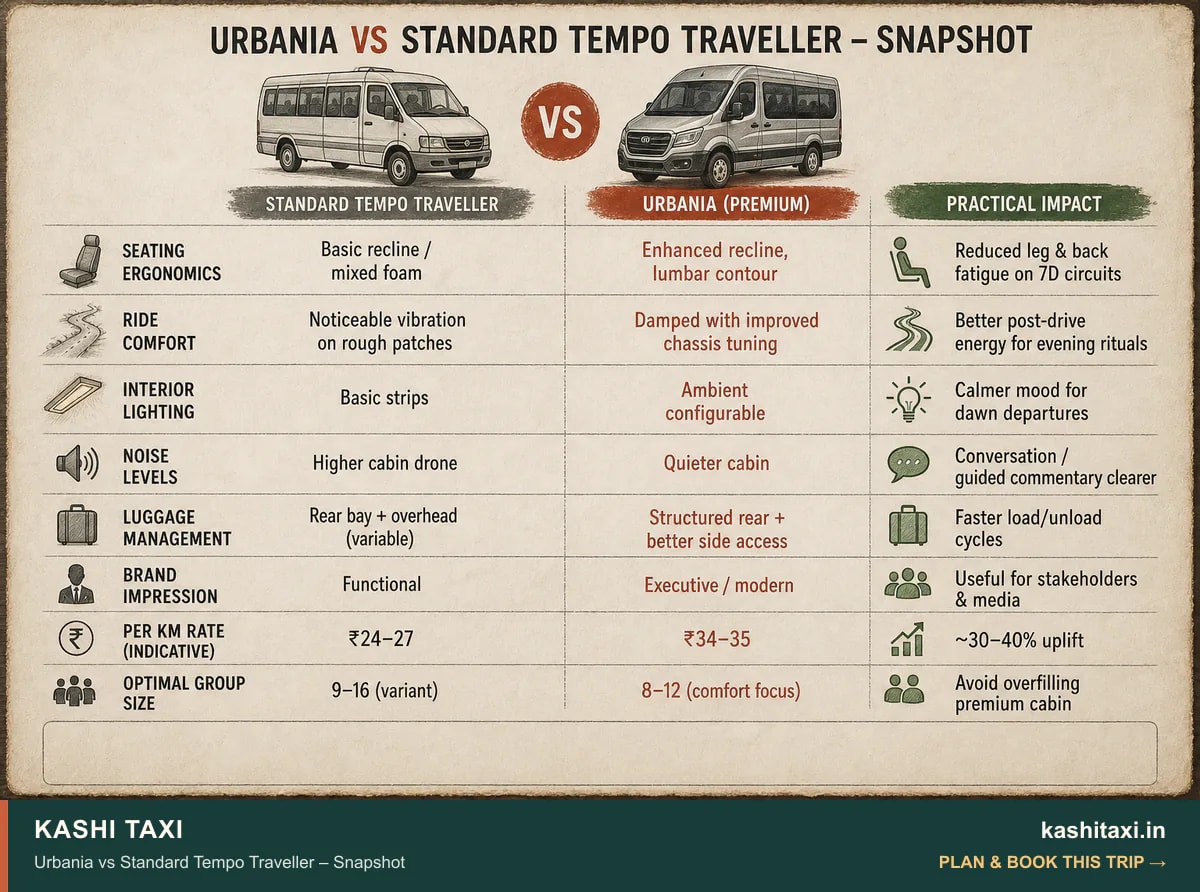 Urbania vs Standard Tempo Traveller – Snapshot — visual field guide by Kashi Taxi