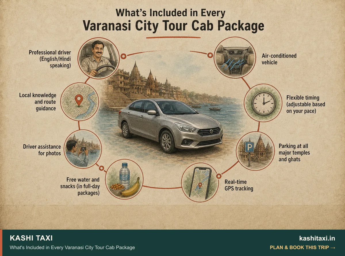 What's Included in Every Varanasi City Tour Cab Package — visual field guide by Kashi Taxi