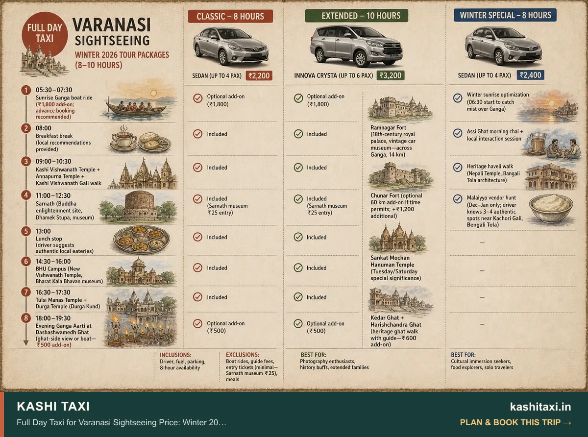 Full Day Taxi for Varanasi Sightseeing Price: Winter 2026 Tour Packages (8–10 Hours) — visual field guide by Kashi Taxi