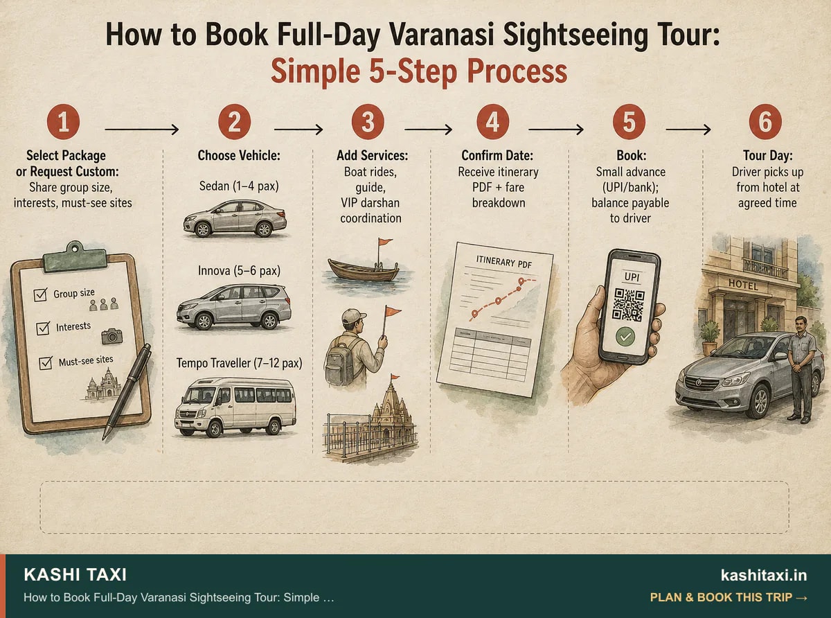 How to Book Full-Day Varanasi Sightseeing Tour: Simple 5-Step Process — visual field guide by Kashi Taxi