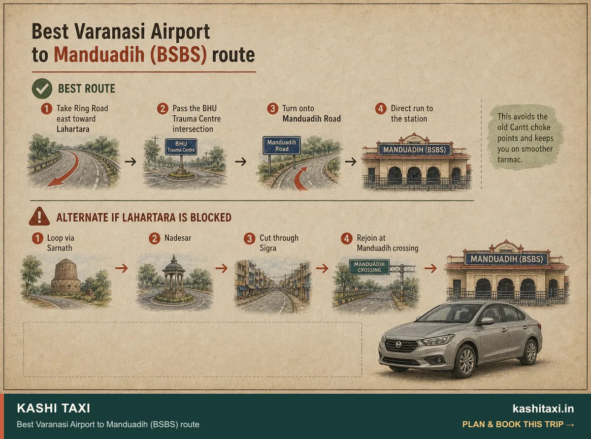 Best Varanasi Airport to Manduadih (BSBS) route — visual field guide by Kashi Taxi