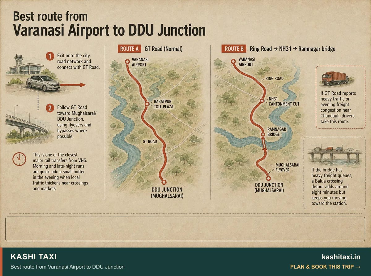 Best route from Varanasi Airport to DDU Junction — visual field guide by Kashi Taxi