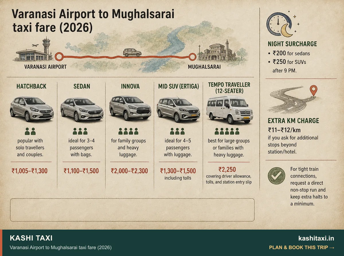 Varanasi Airport to Mughalsarai taxi fare (2026) — visual field guide by Kashi Taxi