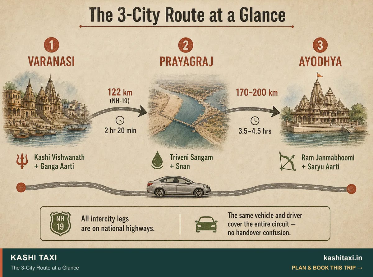 The 3-City Route at a Glance — visual field guide by Kashi Taxi
