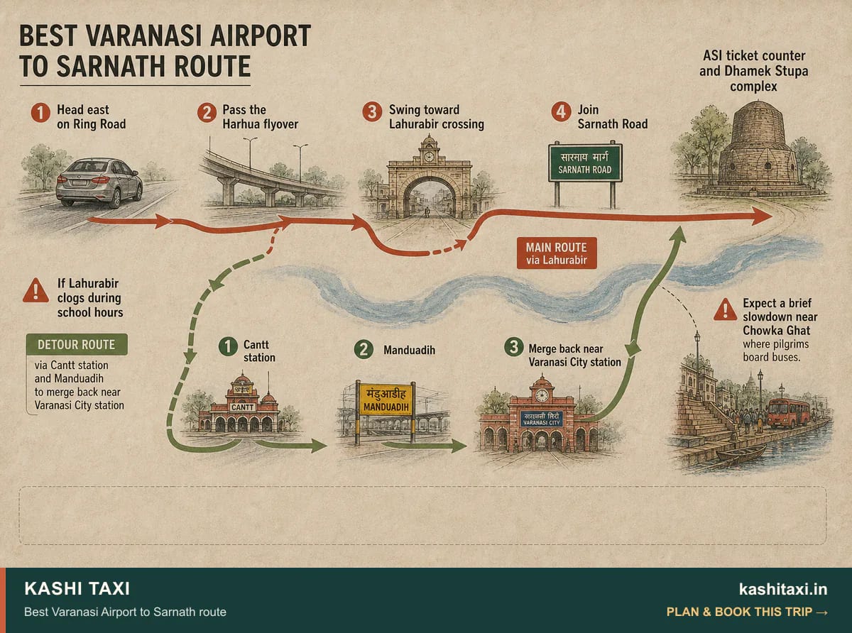Best Varanasi Airport to Sarnath route — visual field guide by Kashi Taxi
