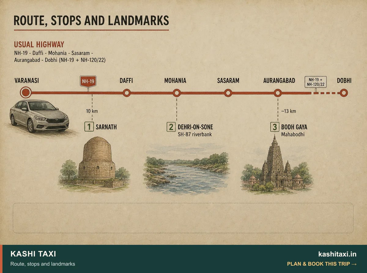 Route, stops and landmarks — visual field guide by Kashi Taxi