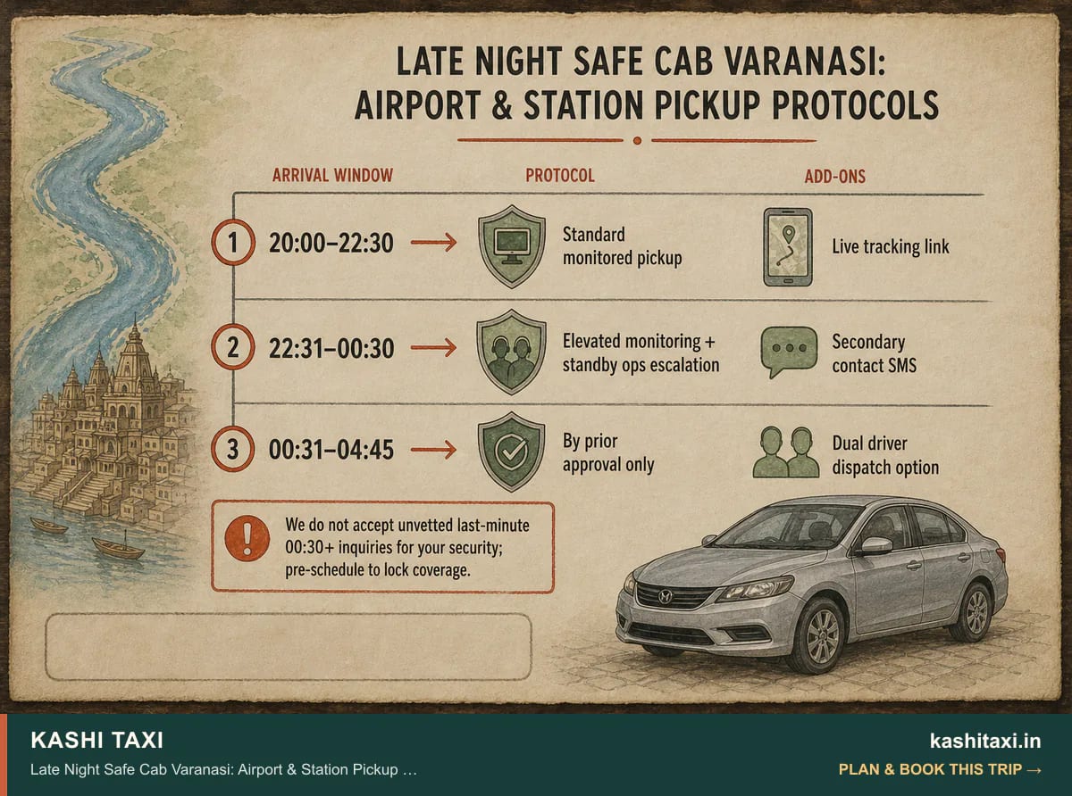 Late Night Safe Cab Varanasi: Airport & Station Pickup Protocols — visual field guide by Kashi Taxi
