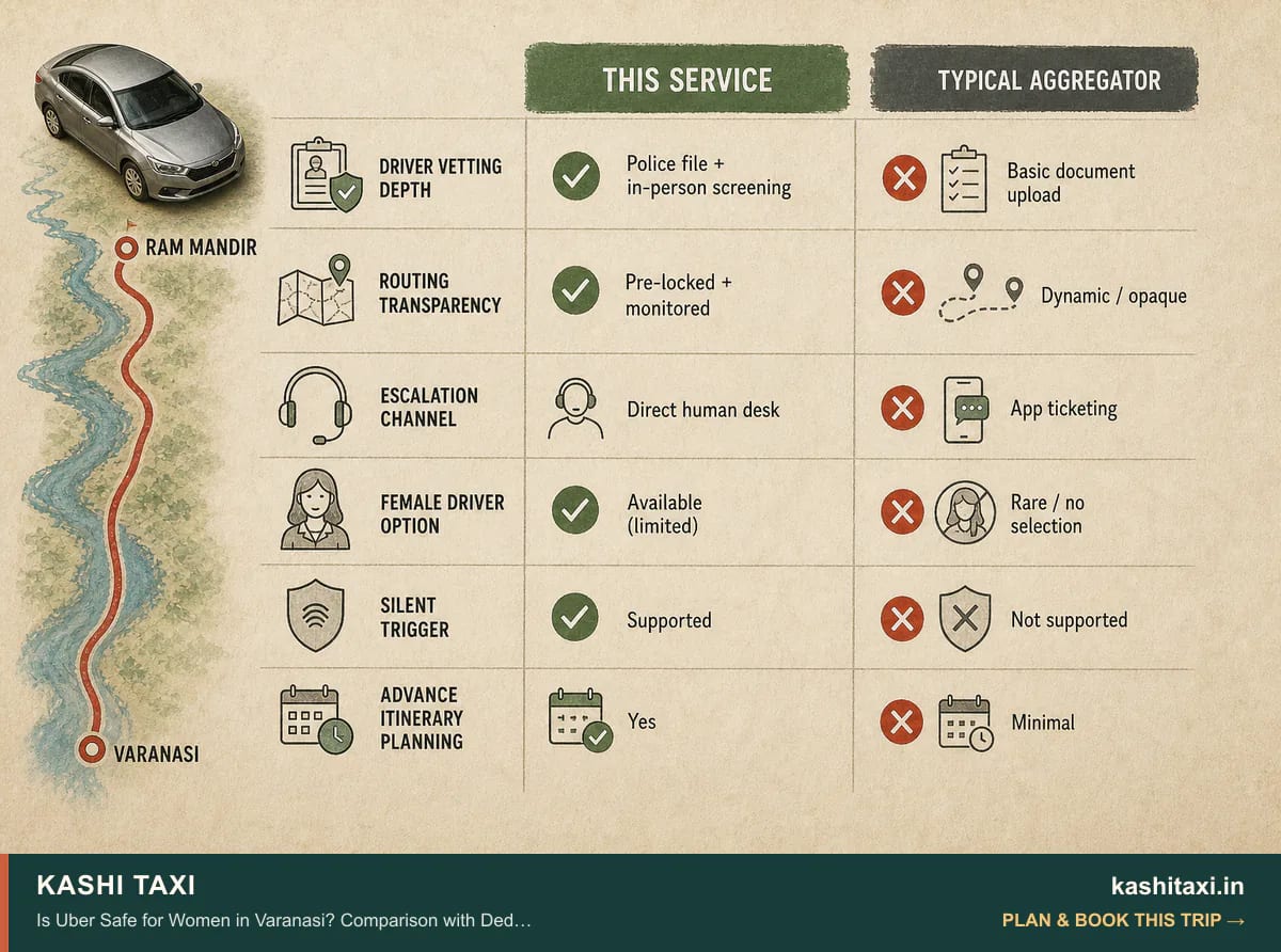 Is Uber Safe for Women in Varanasi? Comparison with Dedicated Safety Services — visual field guide by Kashi Taxi