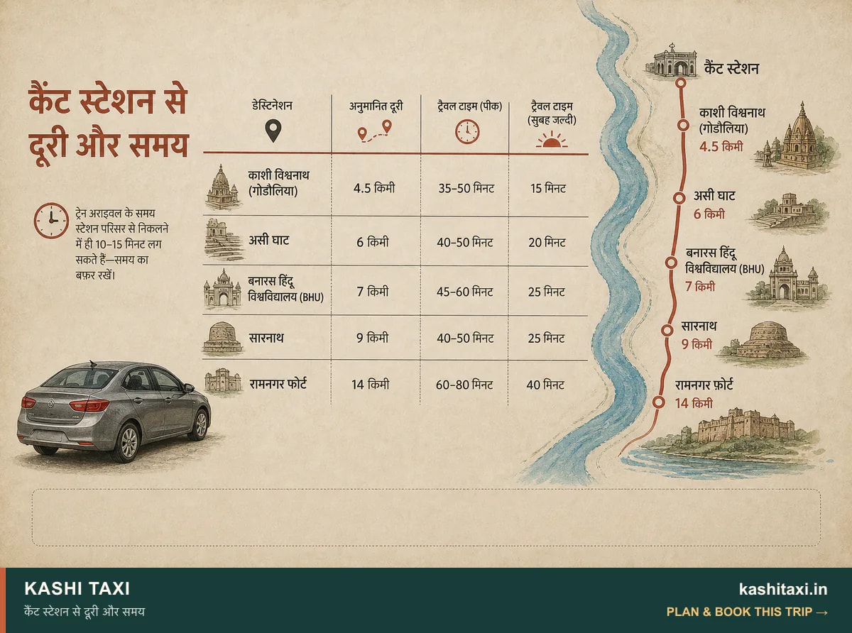 कैंट स्टेशन से दूरी और समय — visual field guide by Kashi Taxi