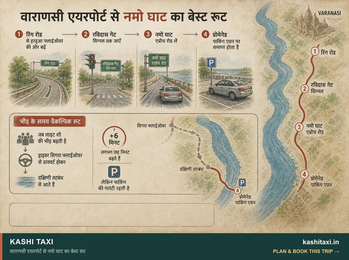 वाराणसी एयरपोर्ट से नमो घाट का बेस्ट रूट — visual field guide by Kashi Taxi