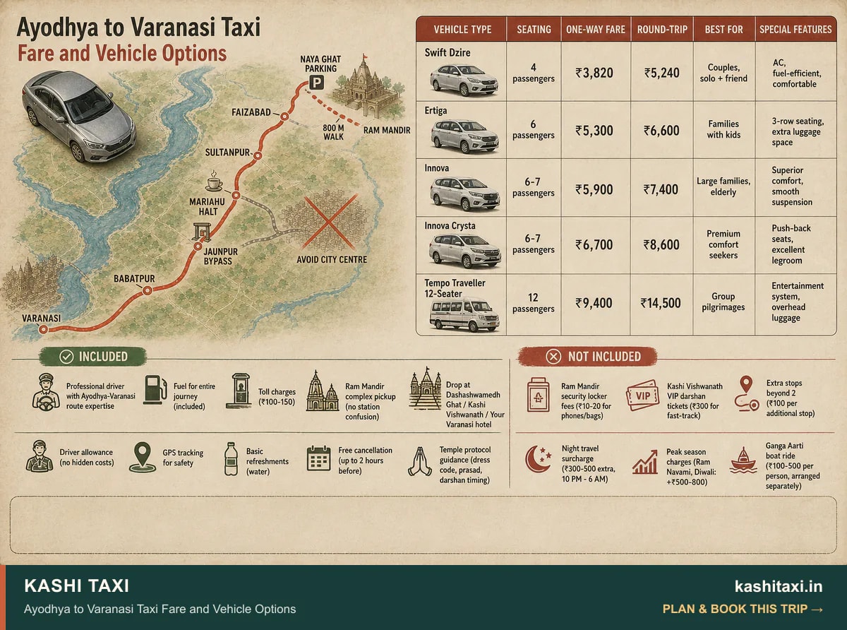 Ayodhya to Varanasi Taxi Fare and Vehicle Options — visual field guide by Kashi Taxi