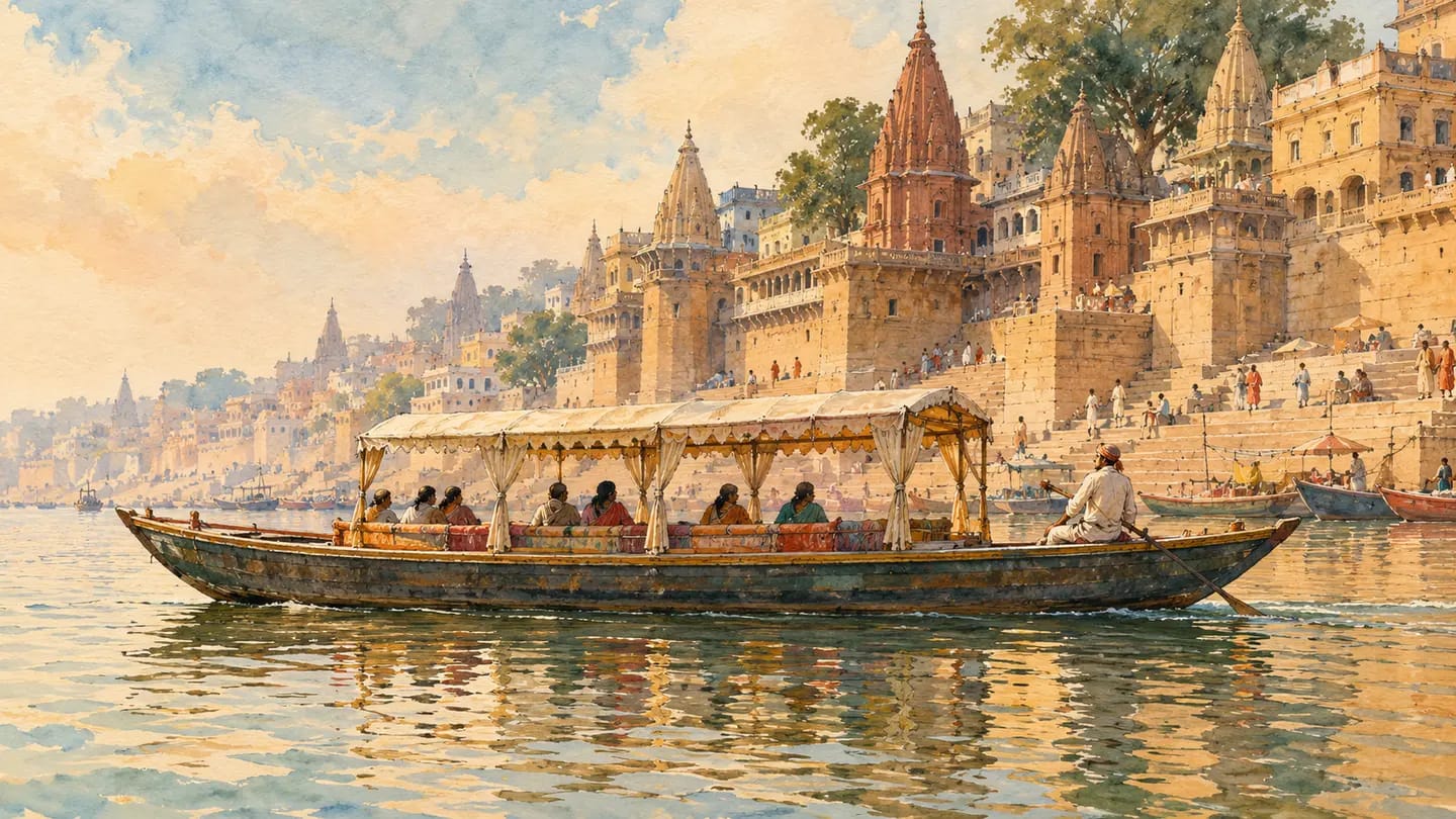 Illustration of a covered wooden Bajra boat cruising beside Varanasi’s ghats.