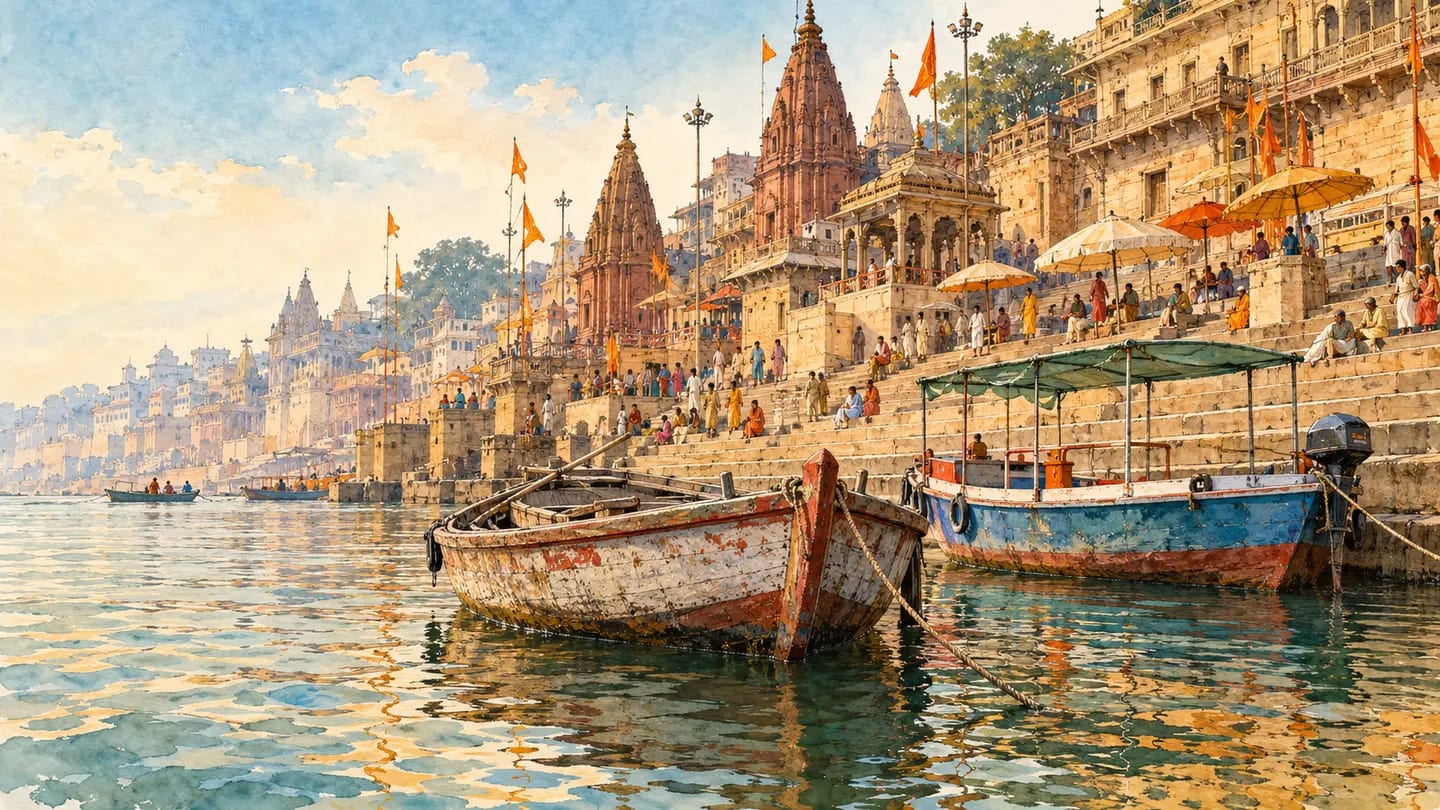 Illustration of a rowing boat and a motor boat moored beside the Varanasi ghats.