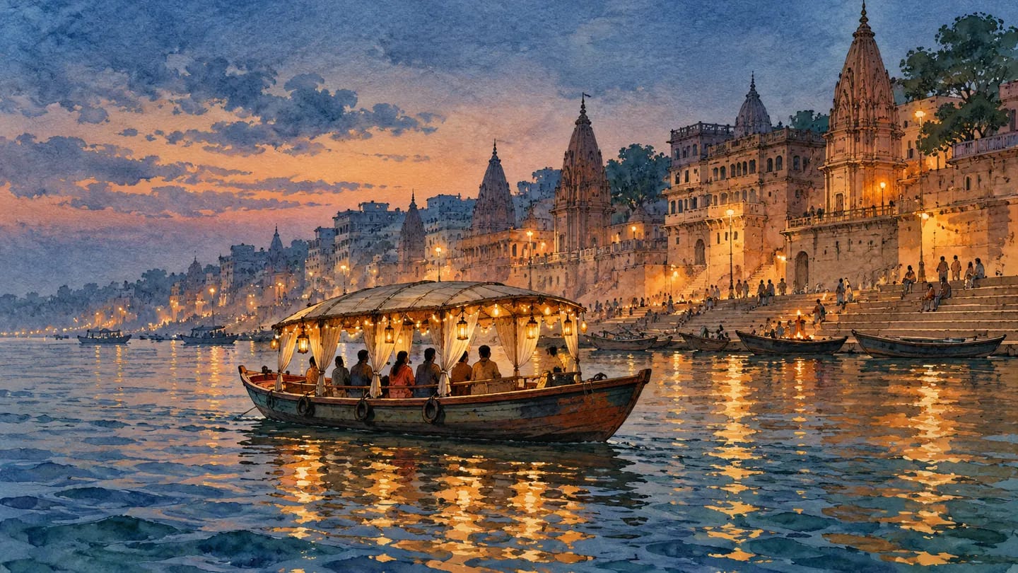 Illustration of a light-decorated covered boat cruising past the Varanasi ghats.