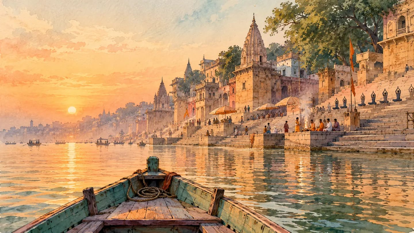Illustration of a boat approaching Varanasi’s ghats during morning rituals at sunrise.