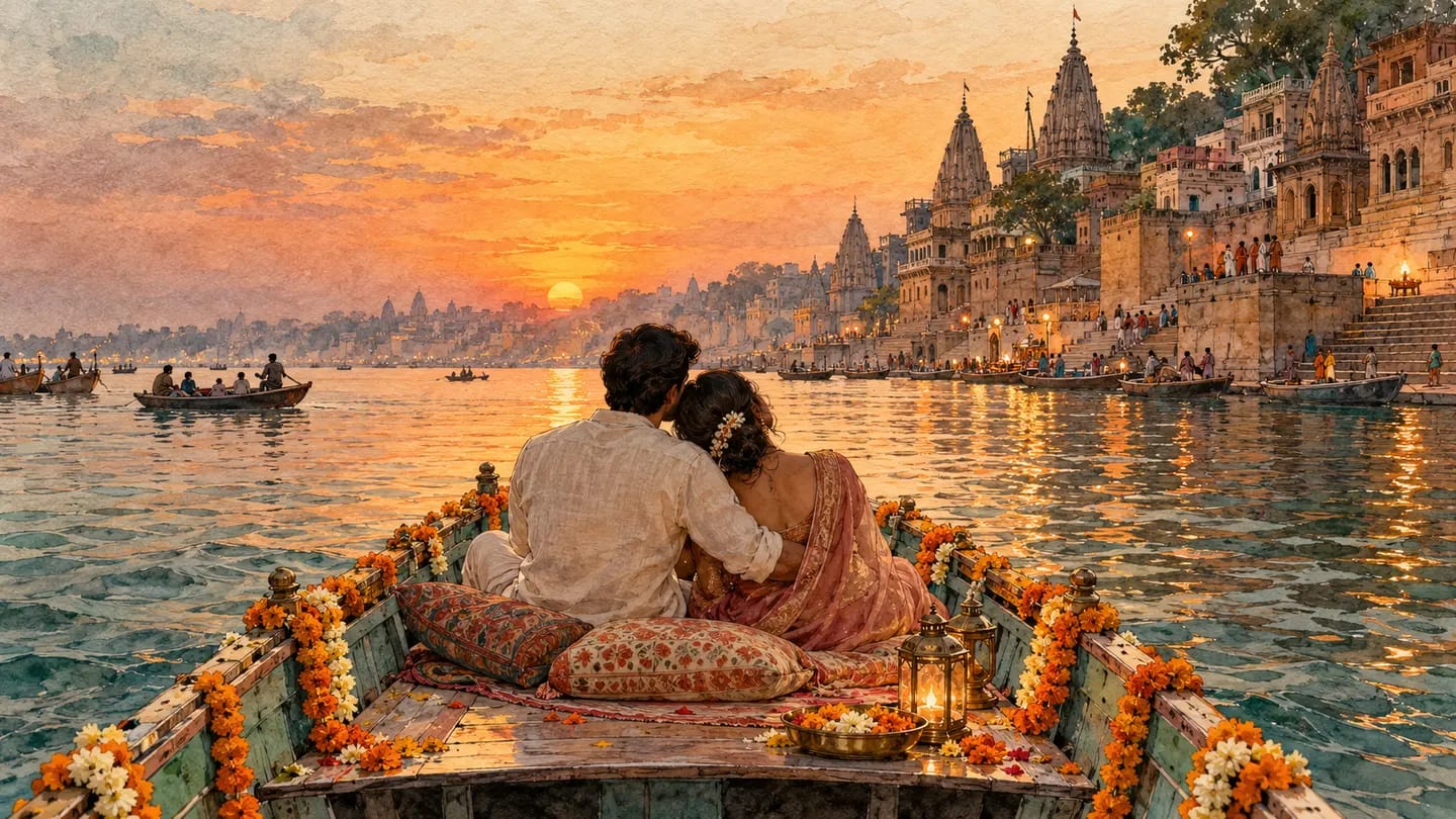 Illustration of a couple celebrating an anniversary aboard a decorated boat on the Varanasi riverfront.