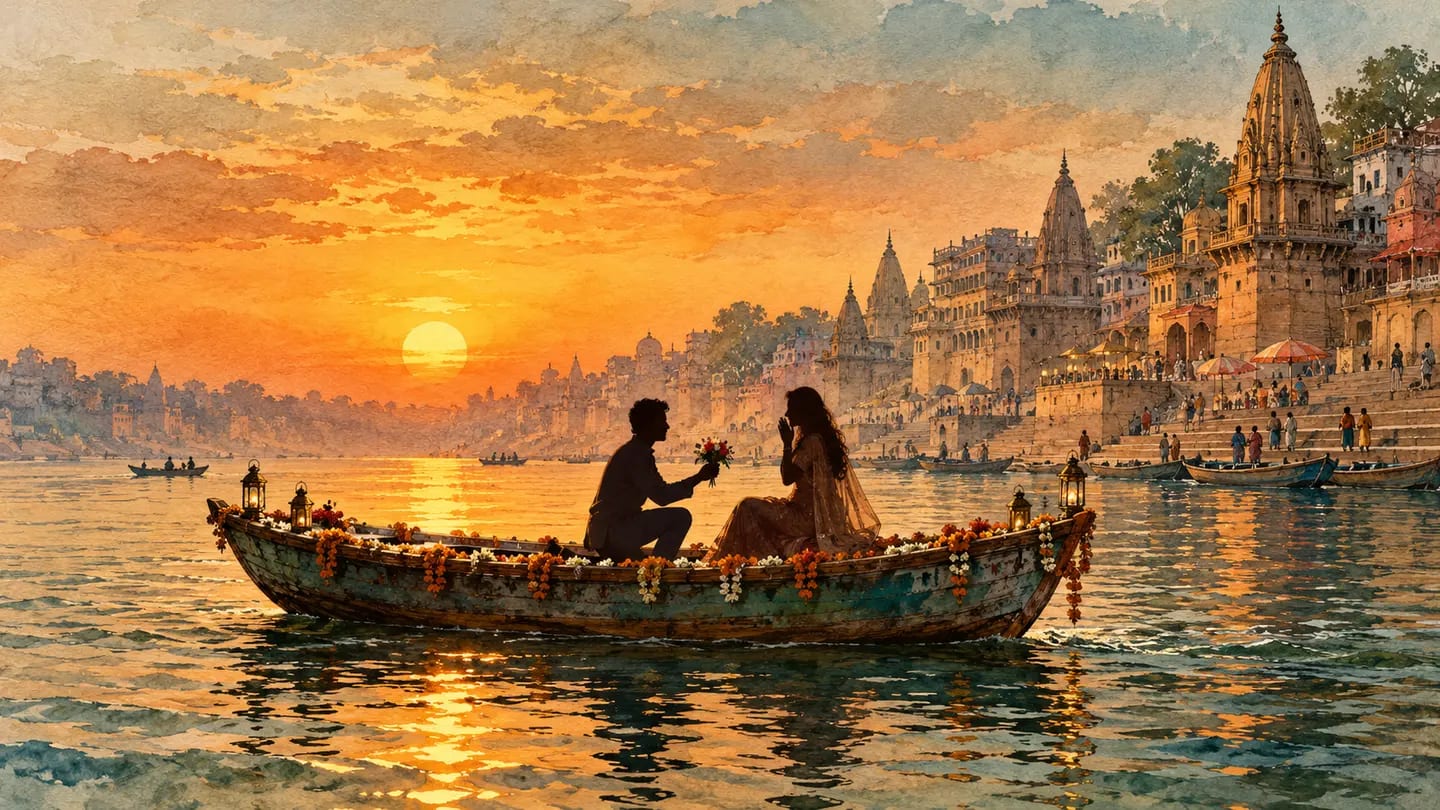 Illustration of a marriage proposal setup with floral boat decorations on the Ganga in Varanasi.