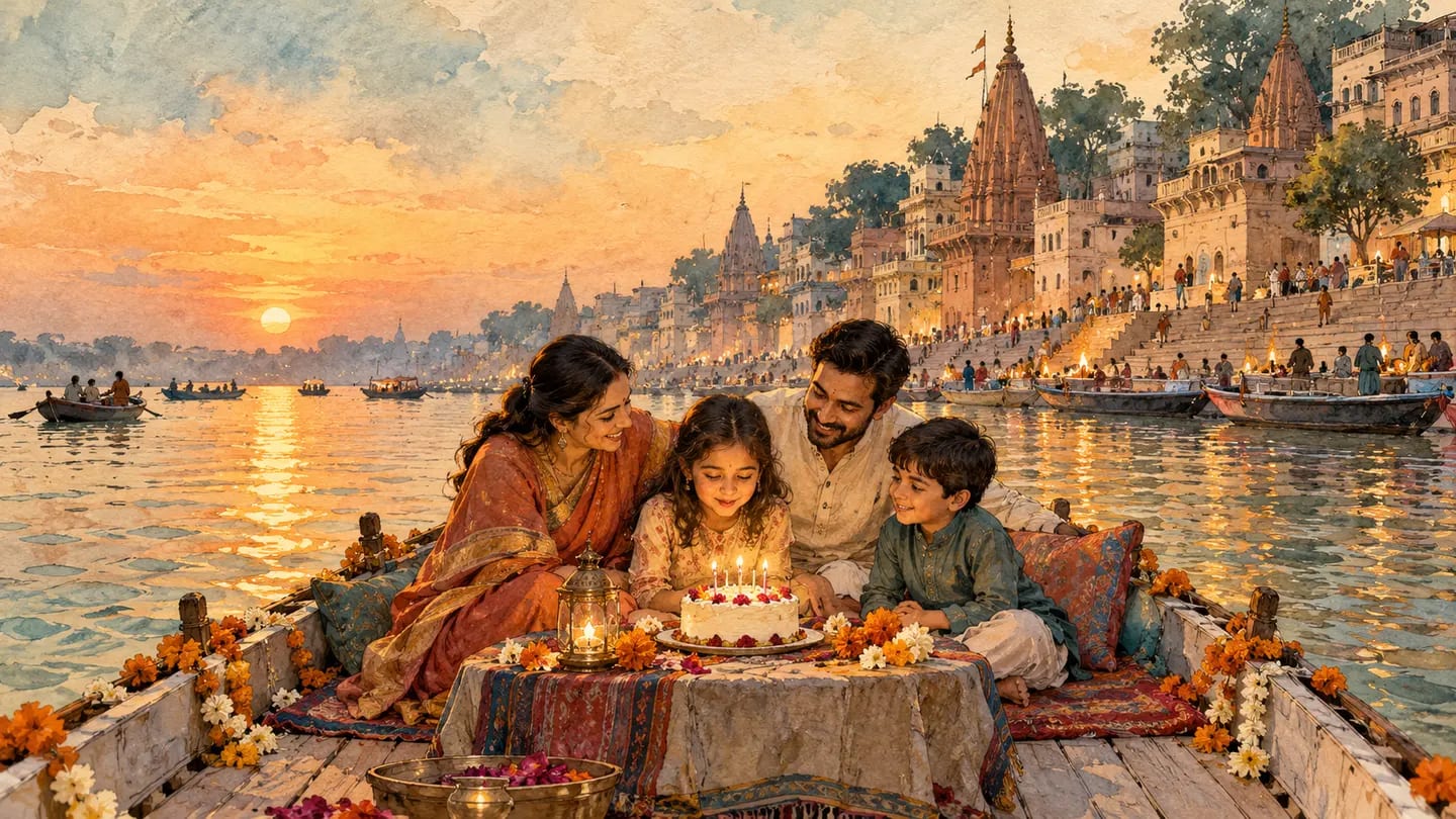 Illustration of a birthday celebration with decorations aboard a boat on the Ganga in Varanasi.