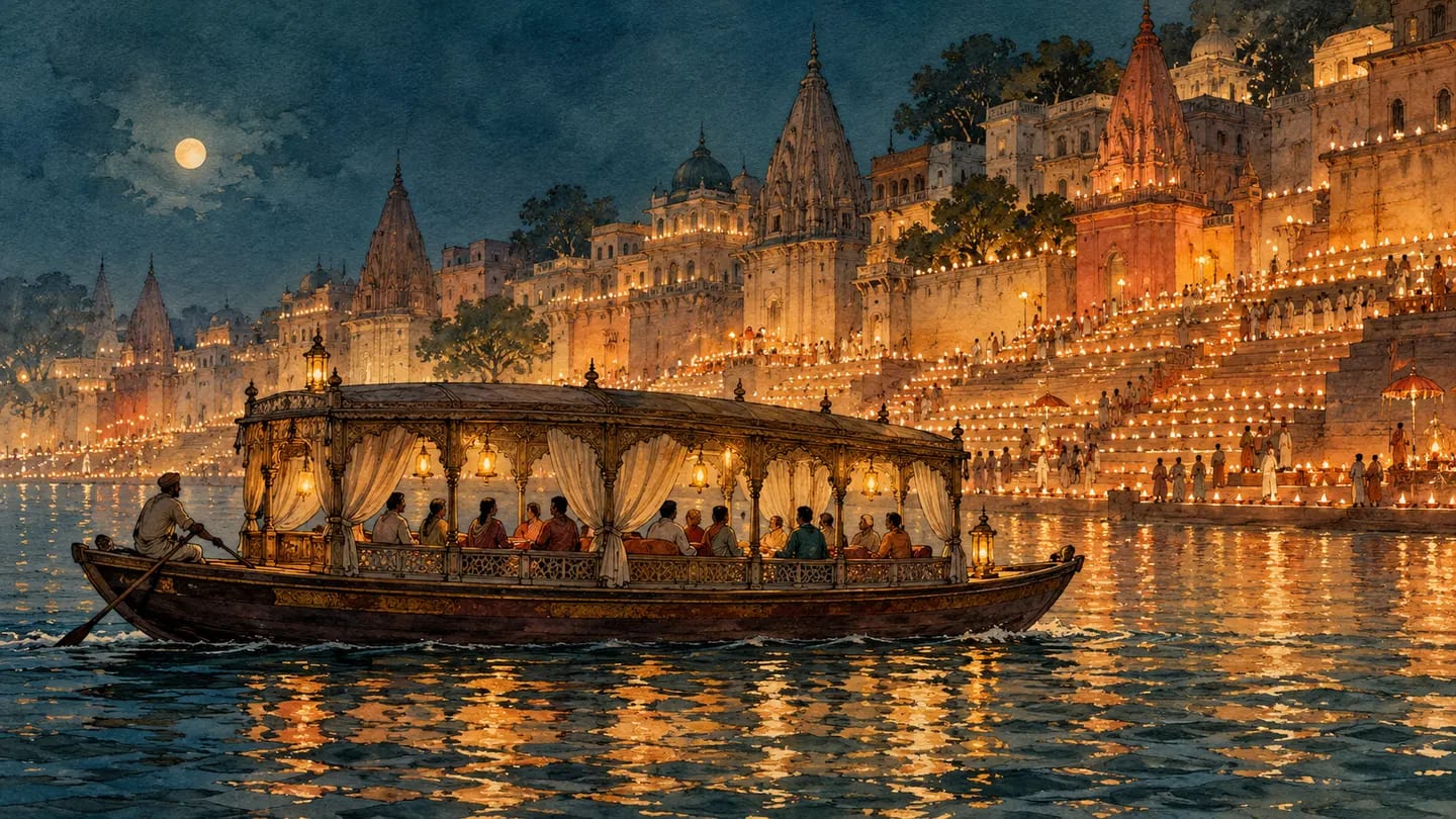 Illustration of a wooden Bajra boat passing Varanasi’s lamp-lit ghats during Dev Diwali.