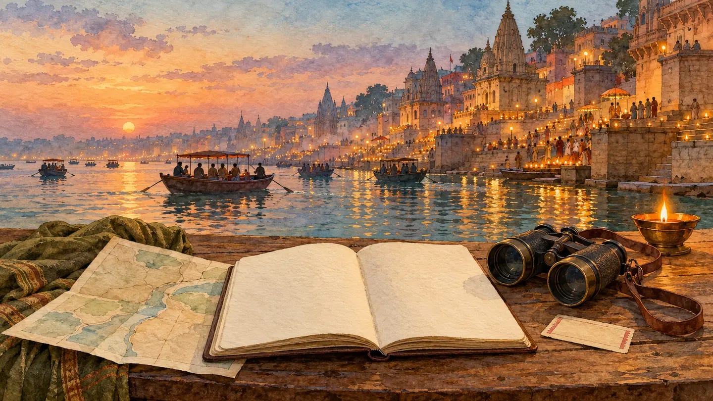 Illustration of a travel-planning notebook overlooking Varanasi’s illuminated riverfront.