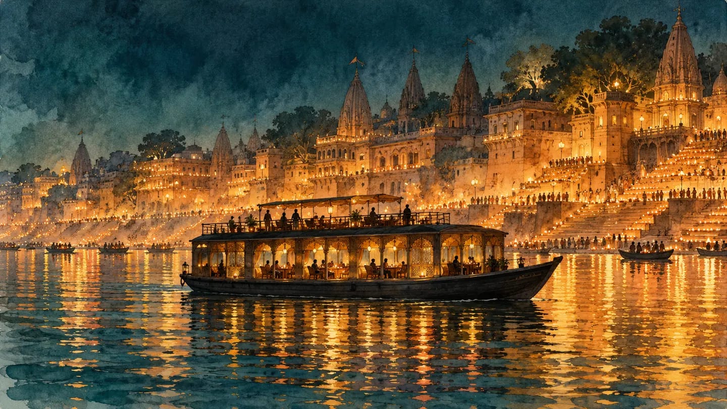 Illustration of a passenger cruise boat passing the illuminated ghats during Dev Diwali in Varanasi.