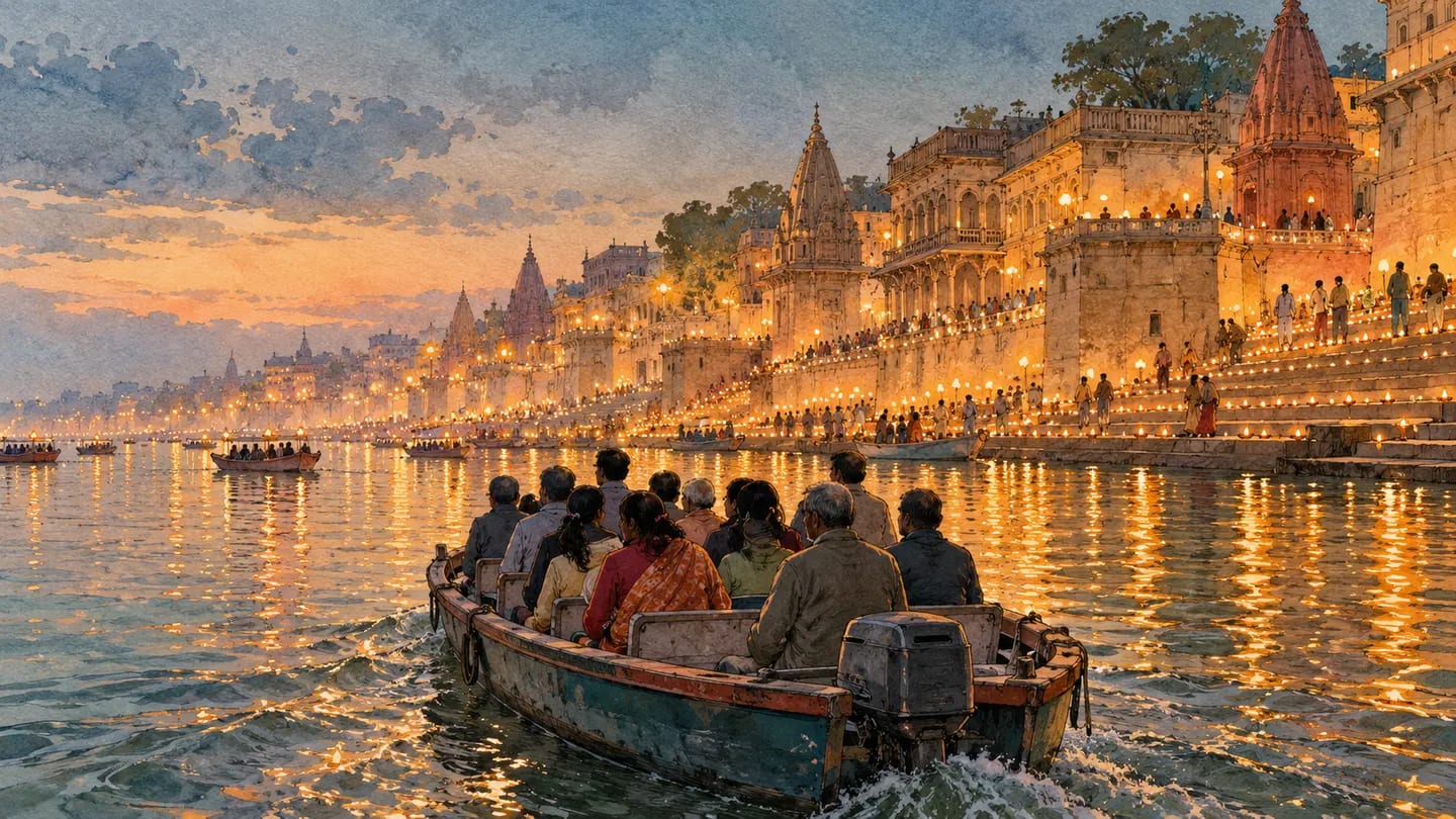 Illustration of a motor boat carrying visitors past Varanasi’s Dev Diwali lights.