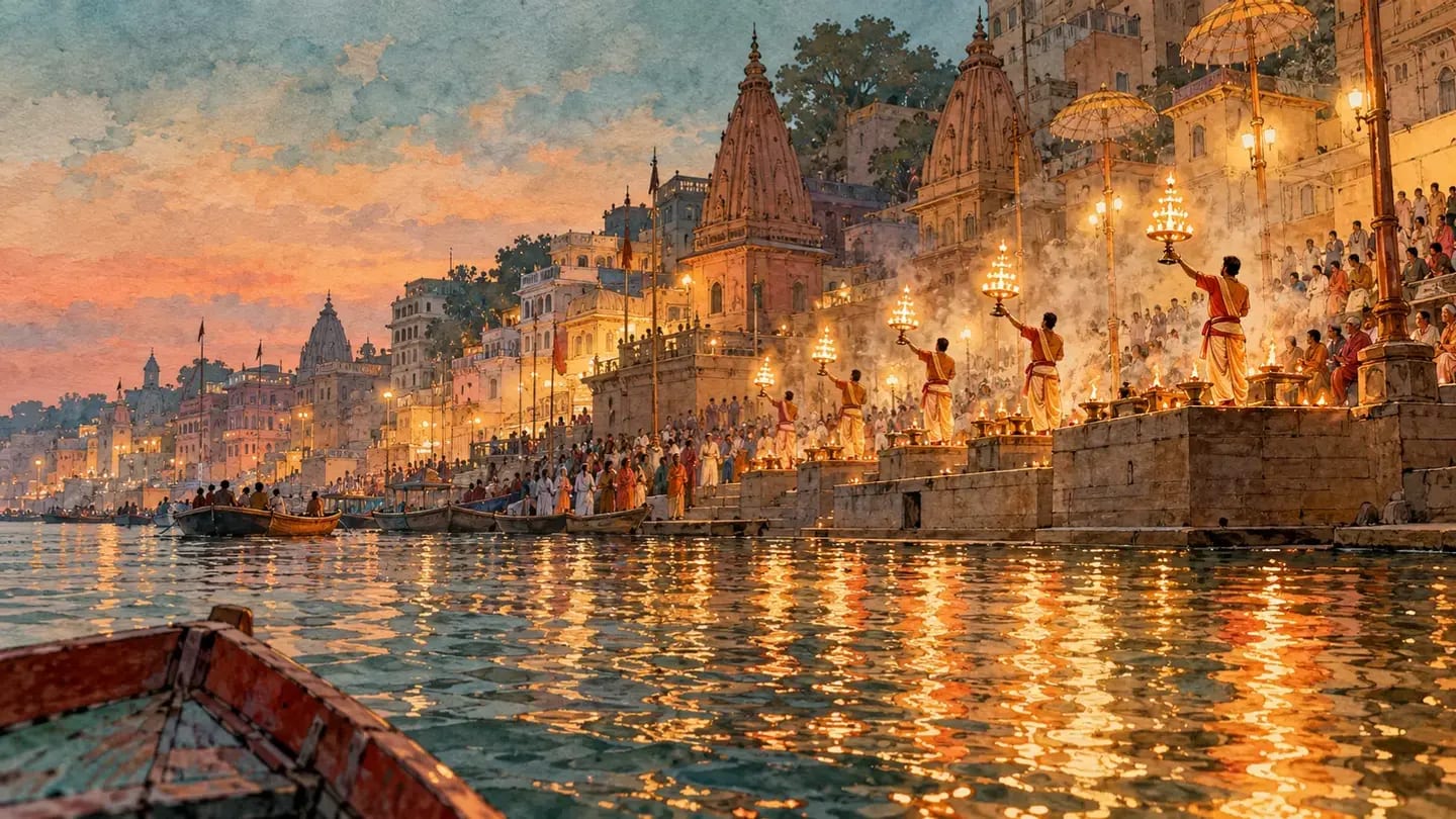 Illustration of a boat on the Ganga facing the evening Aarti ceremony at Varanasi’s ghats.
