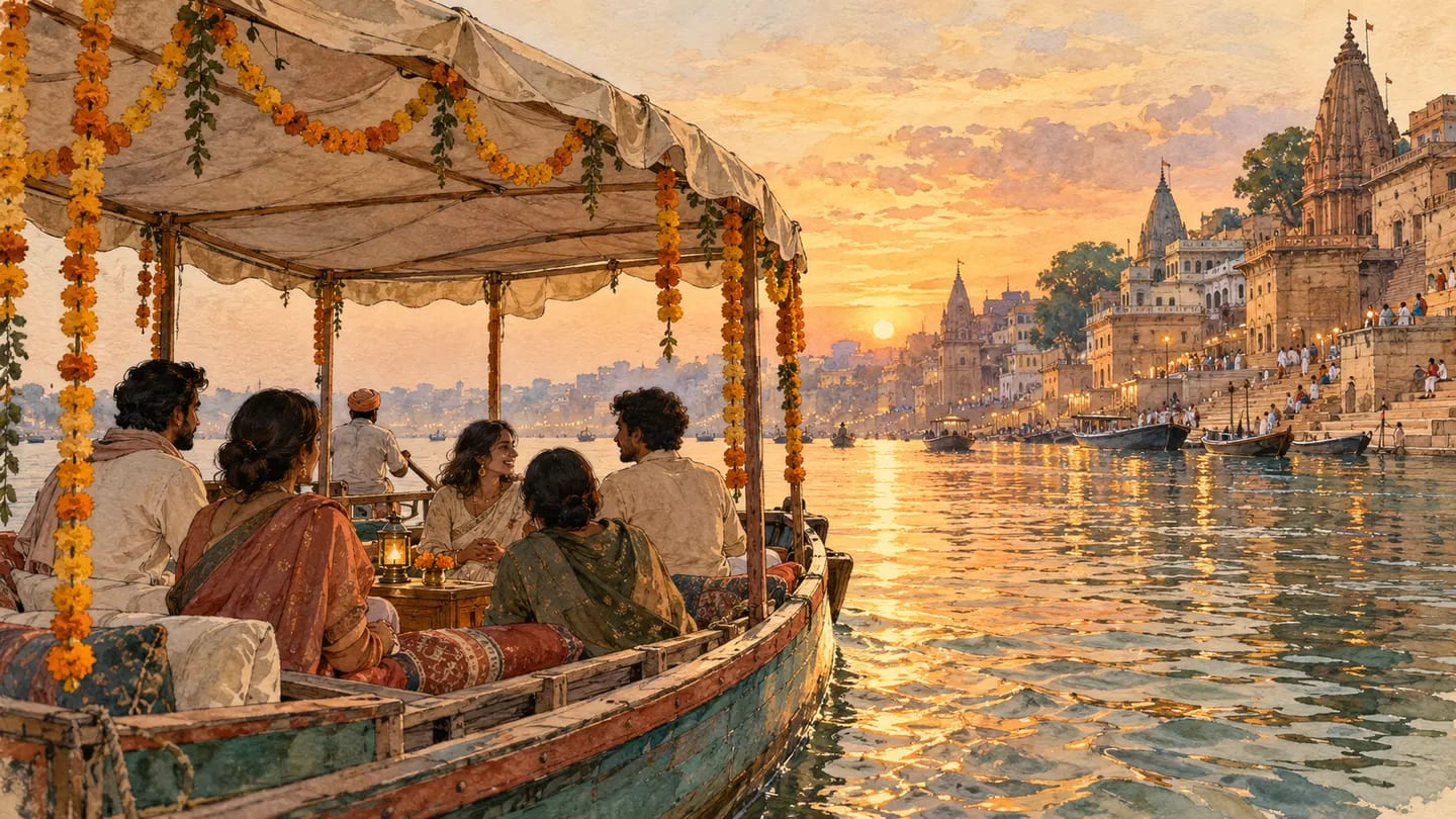Illustration of a decorated event boat prepared for a celebration on the Varanasi riverfront.