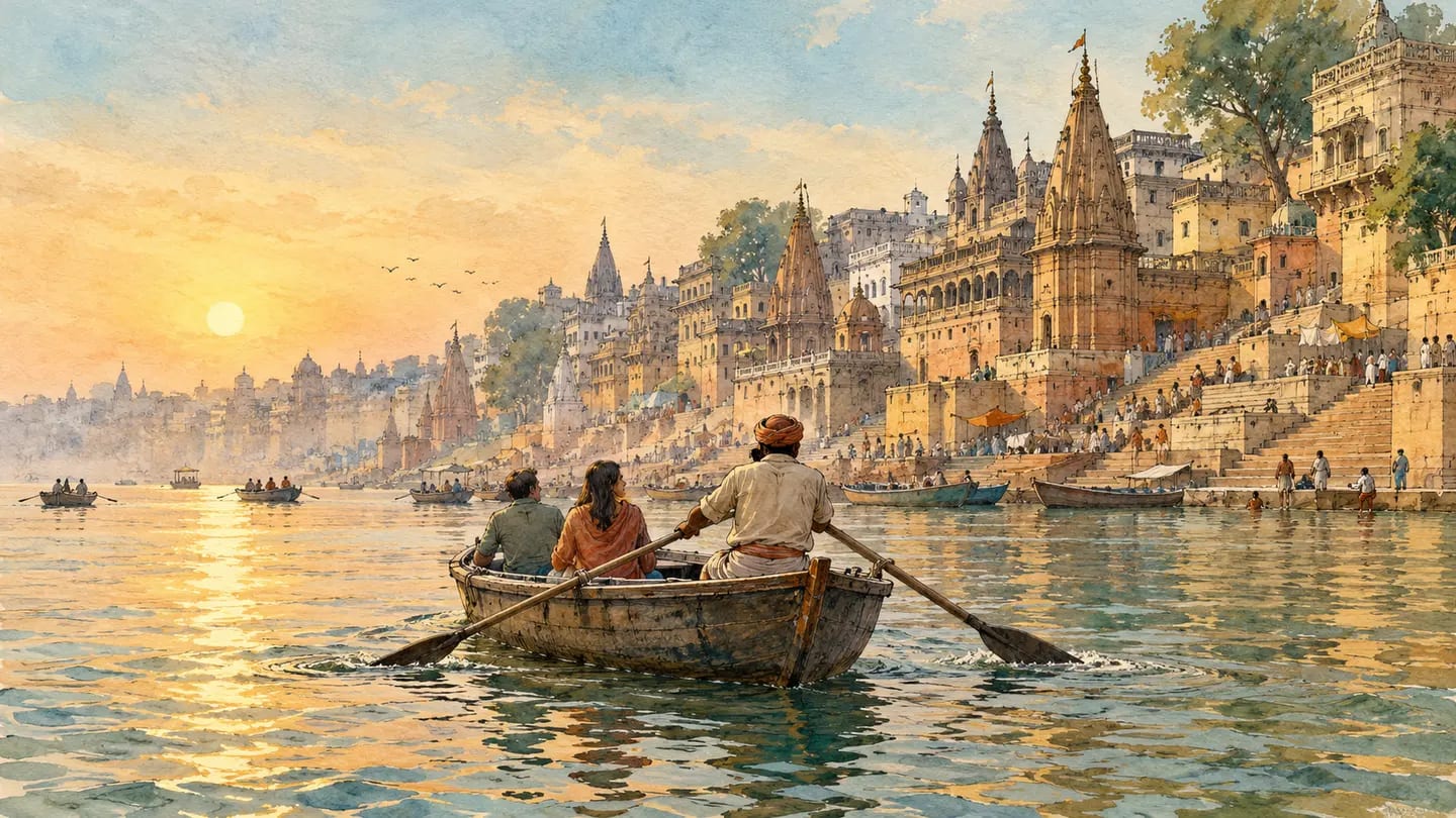 Illustration of a boatman rowing a traditional wooden boat past Varanasi’s ghats at sunrise.