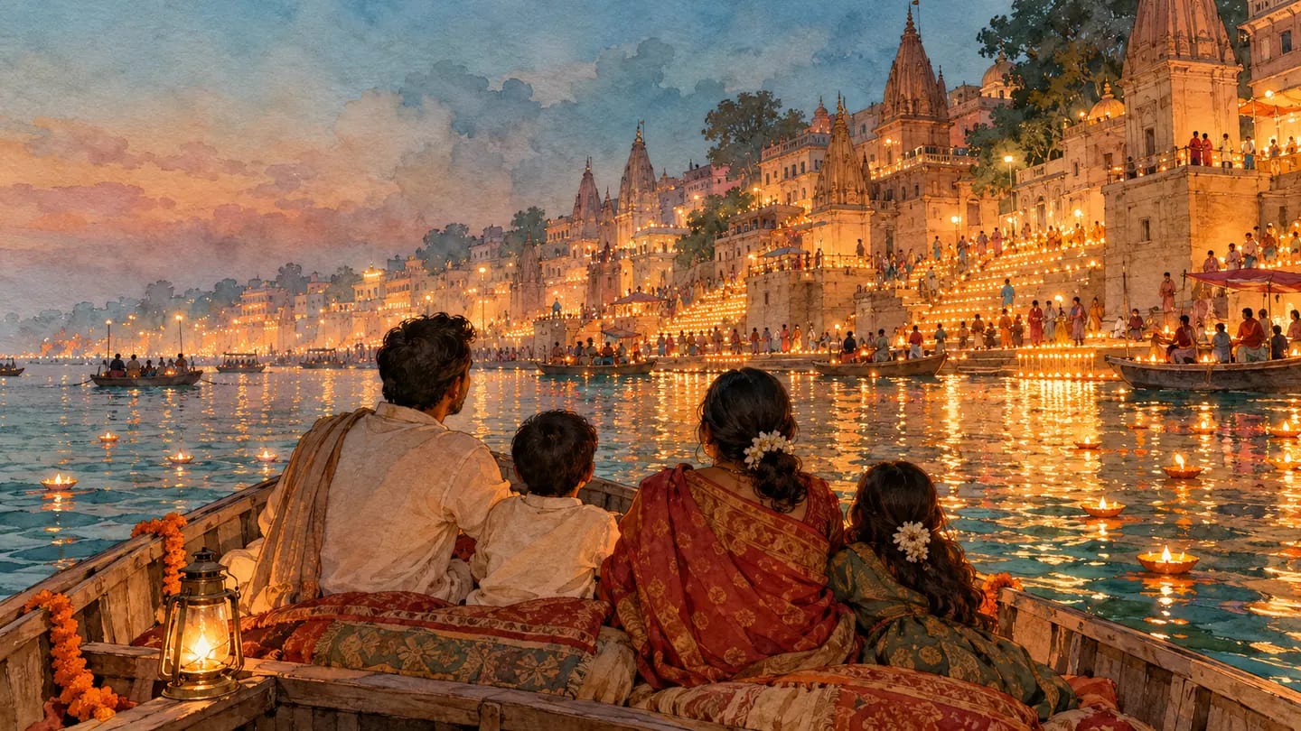 Illustration of a private boat viewing the Dev Diwali lamps across Varanasi’s riverfront.