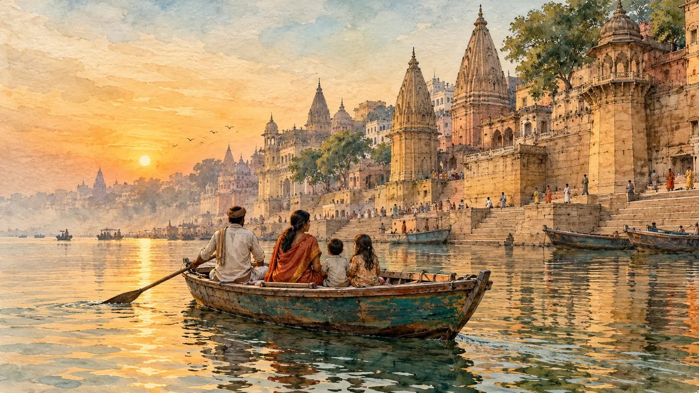 Illustration of a private boat charter cruising past the ghats of Varanasi.