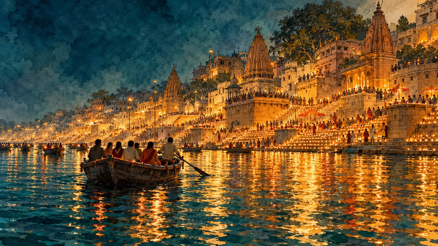Illustration of the illuminated Varanasi ghats viewed from a boat during Dev Deepawali 2026.