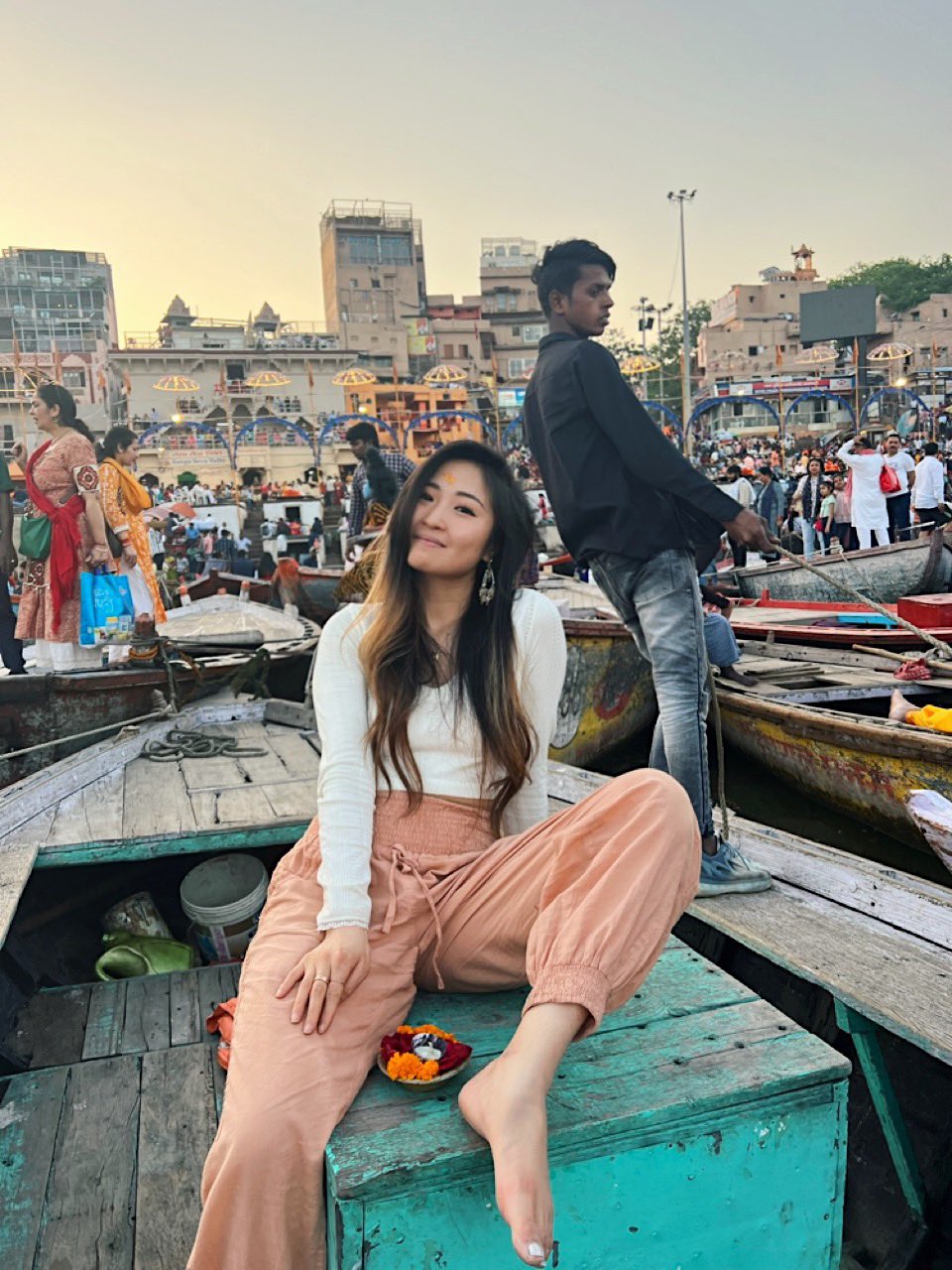 Solo female traveller at Varanasi ghat
