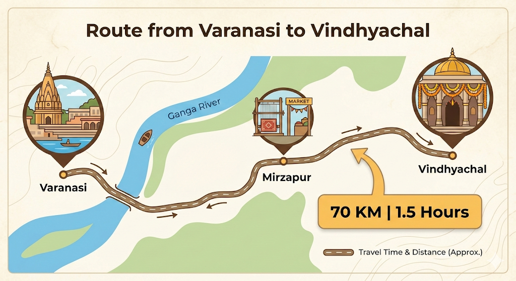 वाराणसी से विंध्याचल मार्ग नक्शा