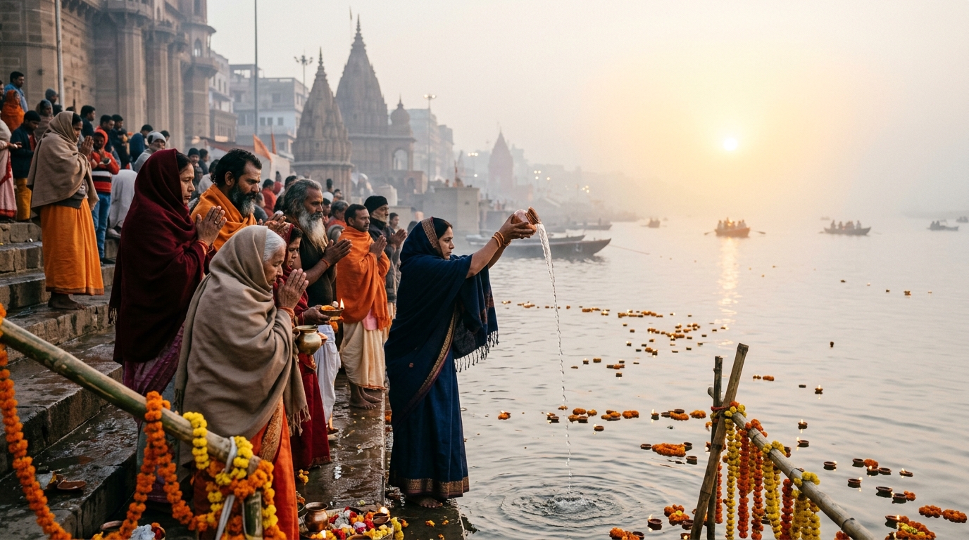 वाराणसी में मौनी अमावस्या पर भोर का गंगा स्नान वाराणसी के दशाश्वमेध घाट पर भोर में स्नान करते श्रद्धालु
