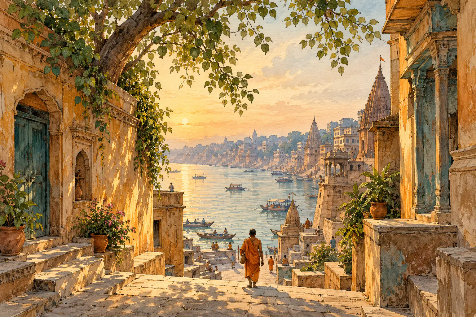 Pune to Kashi pilgrimage flight tour watercolor illustration
