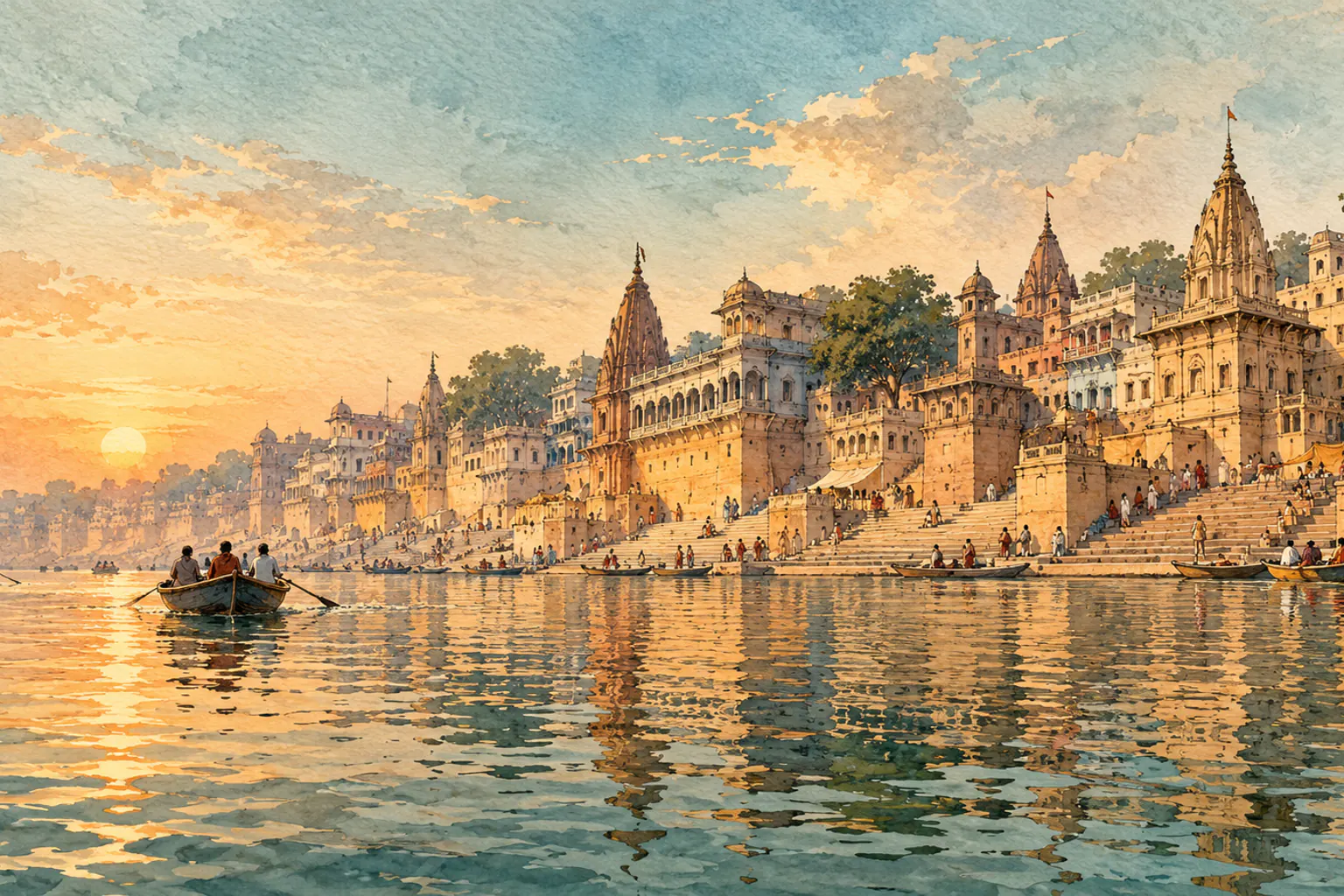 Surat family tour to Varanasi sacred temples watercolor illustration