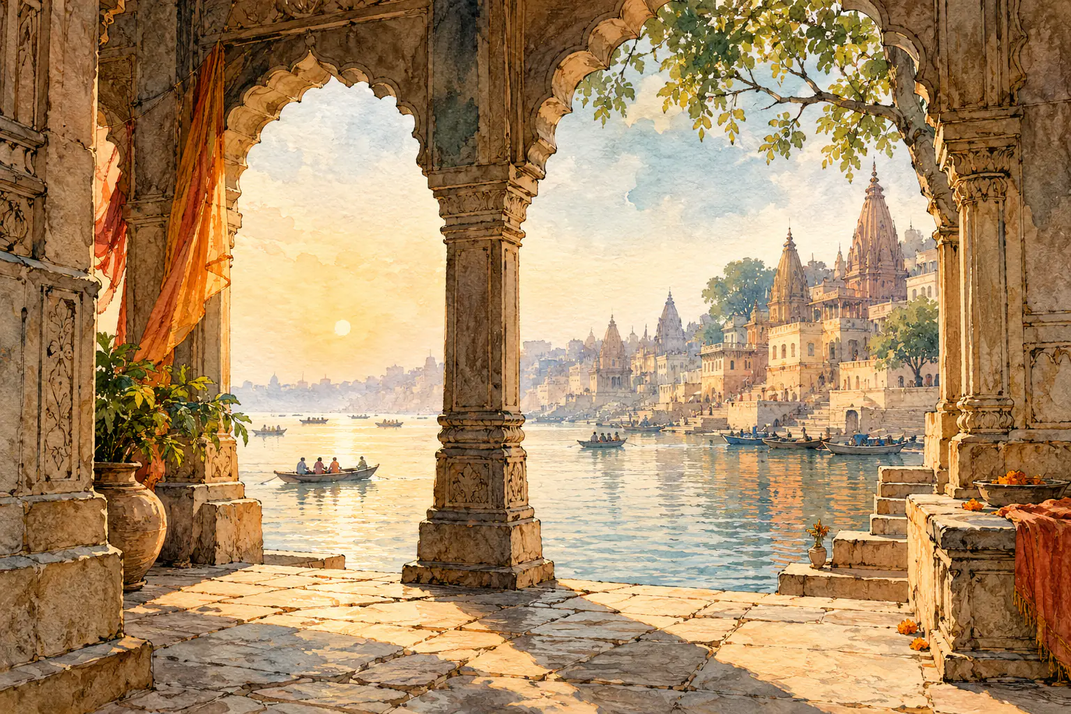 Jaipur to Varanasi pilgrimage watercolor illustration